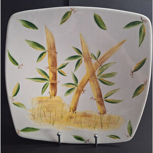 Tropical Bamboo 10" Square Dinner Plate- Yellow and Green Hand Painted